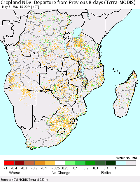 Southern Africa Cropland NDVI Departure from Previous 8-days (Terra-MODIS) Thematic Map For 5/8/2024 - 5/15/2024