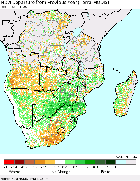 Southern Africa NDVI Departure from Previous Year (Terra-MODIS) Thematic Map For 4/7/2021 - 4/14/2021