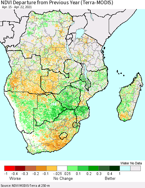 Southern Africa NDVI Departure from Previous Year (Terra-MODIS) Thematic Map For 4/15/2021 - 4/22/2021