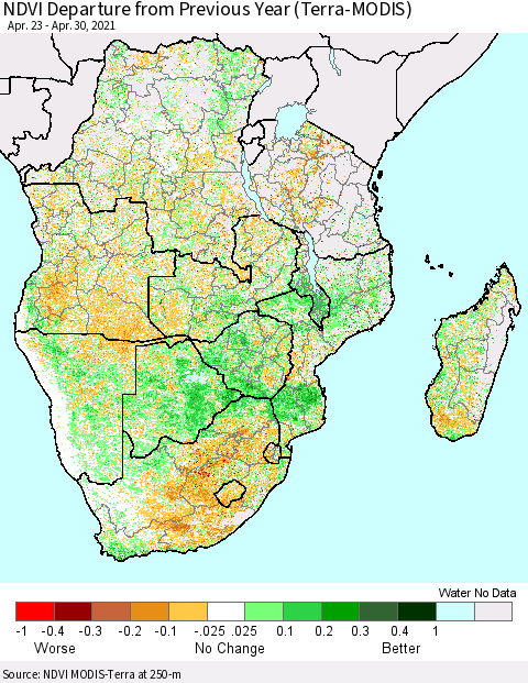 Southern Africa NDVI Departure from Previous Year (Terra-MODIS) Thematic Map For 4/23/2021 - 4/30/2021