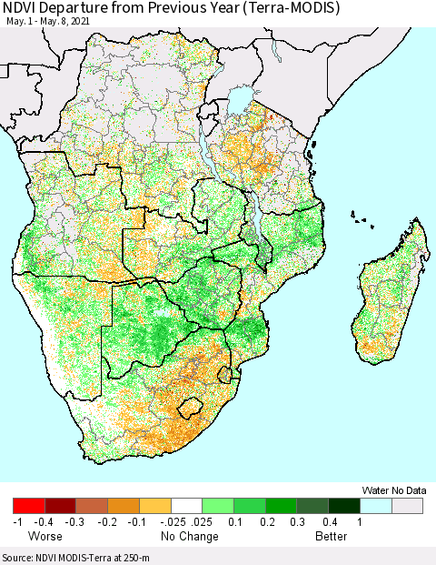 Southern Africa NDVI Departure from Previous Year (Terra-MODIS) Thematic Map For 5/1/2021 - 5/8/2021
