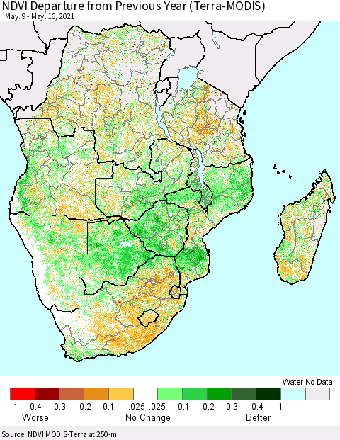 Southern Africa NDVI Departure from Previous Year (Terra-MODIS) Thematic Map For 5/9/2021 - 5/16/2021