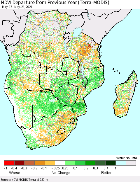 Southern Africa NDVI Departure from Previous Year (Terra-MODIS) Thematic Map For 5/17/2021 - 5/24/2021