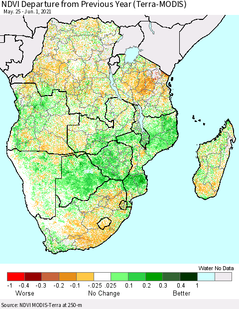 Southern Africa NDVI Departure from Previous Year (Terra-MODIS) Thematic Map For 5/25/2021 - 6/1/2021