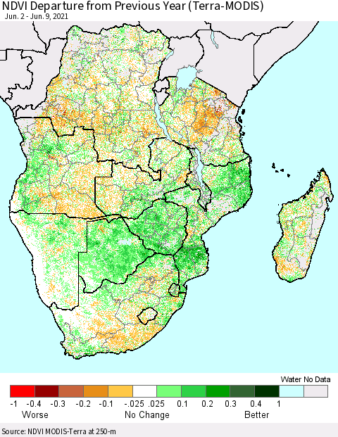 Southern Africa NDVI Departure from Previous Year (Terra-MODIS) Thematic Map For 6/2/2021 - 6/9/2021