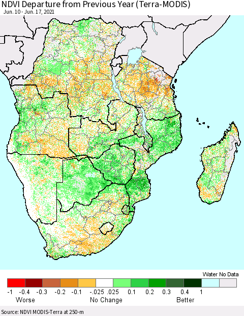 Southern Africa NDVI Departure from Previous Year (Terra-MODIS) Thematic Map For 6/10/2021 - 6/17/2021