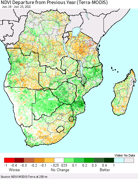 Southern Africa NDVI Departure from Previous Year (Terra-MODIS) Thematic Map For 6/18/2021 - 6/25/2021