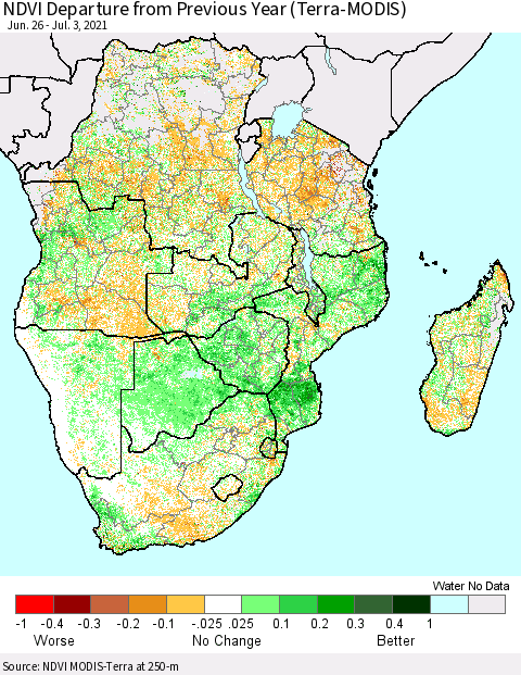 Southern Africa NDVI Departure from Previous Year (Terra-MODIS) Thematic Map For 6/26/2021 - 7/3/2021