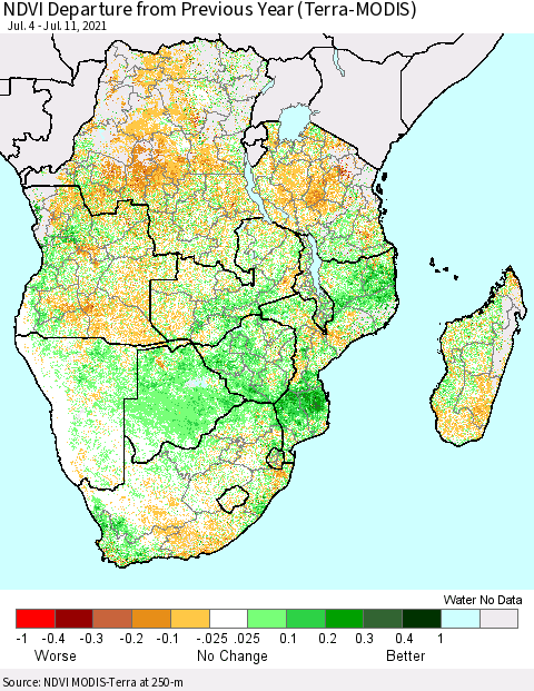 Southern Africa NDVI Departure from Previous Year (Terra-MODIS) Thematic Map For 7/4/2021 - 7/11/2021