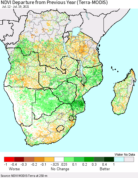 Southern Africa NDVI Departure from Previous Year (Terra-MODIS) Thematic Map For 7/12/2021 - 7/19/2021