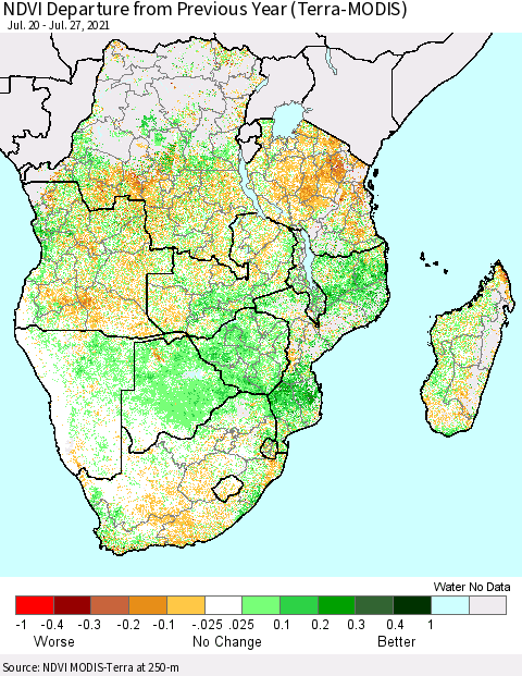 Southern Africa NDVI Departure from Previous Year (Terra-MODIS) Thematic Map For 7/20/2021 - 7/27/2021