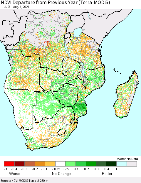 Southern Africa NDVI Departure from Previous Year (Terra-MODIS) Thematic Map For 7/28/2021 - 8/4/2021