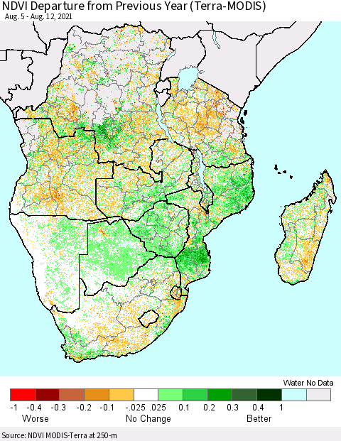Southern Africa NDVI Departure from Previous Year (Terra-MODIS) Thematic Map For 8/5/2021 - 8/12/2021