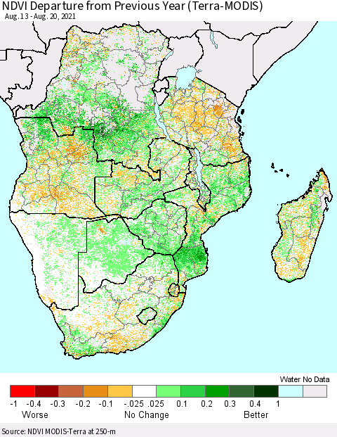 Southern Africa NDVI Departure from Previous Year (Terra-MODIS) Thematic Map For 8/13/2021 - 8/20/2021