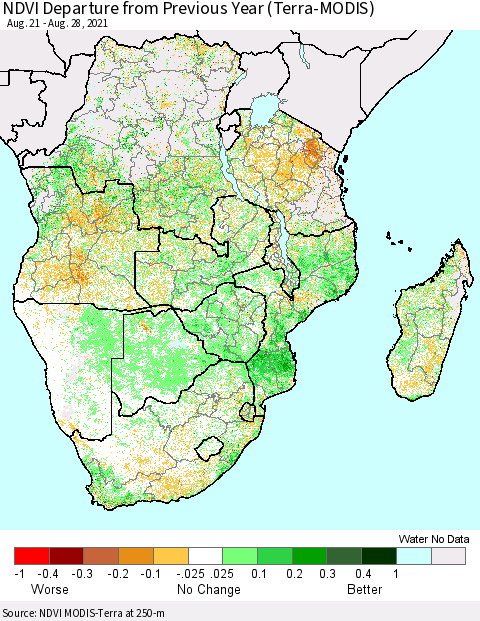 Southern Africa NDVI Departure from Previous Year (Terra-MODIS) Thematic Map For 8/21/2021 - 8/28/2021