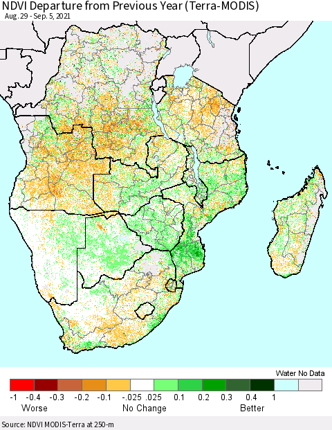 Southern Africa NDVI Departure from Previous Year (Terra-MODIS) Thematic Map For 8/29/2021 - 9/5/2021
