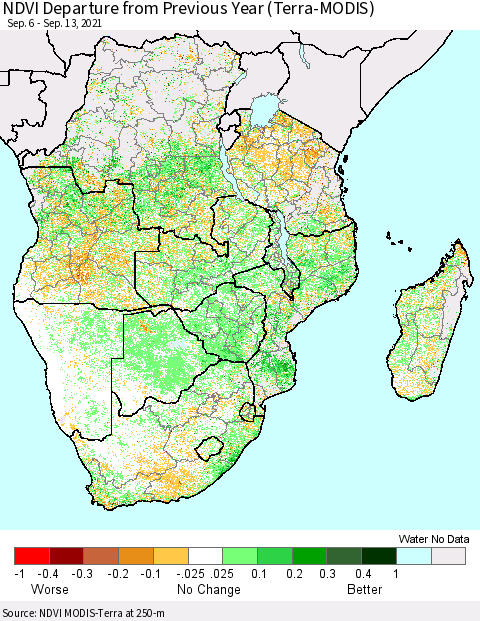 Southern Africa NDVI Departure from Previous Year (Terra-MODIS) Thematic Map For 9/6/2021 - 9/13/2021