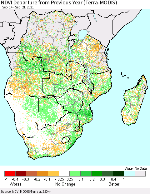 Southern Africa NDVI Departure from Previous Year (Terra-MODIS) Thematic Map For 9/14/2021 - 9/21/2021