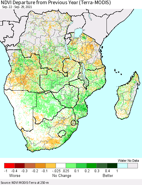 Southern Africa NDVI Departure from Previous Year (Terra-MODIS) Thematic Map For 9/22/2021 - 9/29/2021