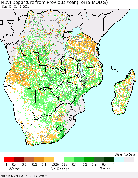 Southern Africa NDVI Departure from Previous Year (Terra-MODIS) Thematic Map For 9/30/2021 - 10/7/2021