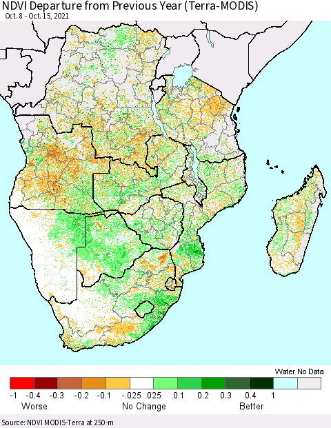 Southern Africa NDVI Departure from Previous Year (Terra-MODIS) Thematic Map For 10/8/2021 - 10/15/2021