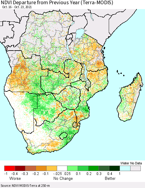 Southern Africa NDVI Departure from Previous Year (Terra-MODIS) Thematic Map For 10/16/2021 - 10/23/2021