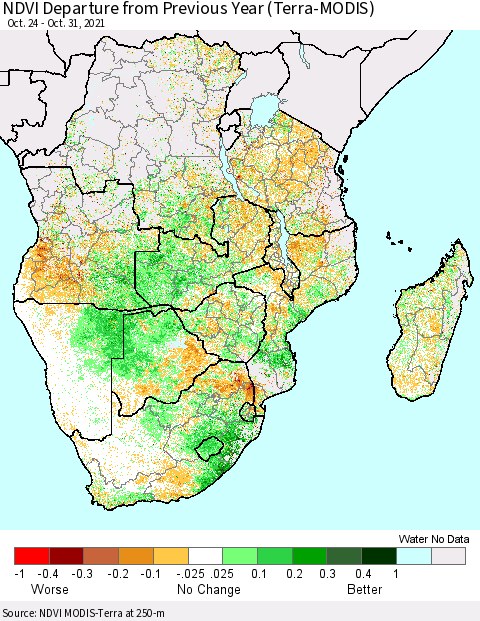 Southern Africa NDVI Departure from Previous Year (Terra-MODIS) Thematic Map For 10/24/2021 - 10/31/2021