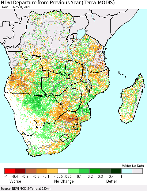 Southern Africa NDVI Departure from Previous Year (Terra-MODIS) Thematic Map For 11/1/2021 - 11/8/2021
