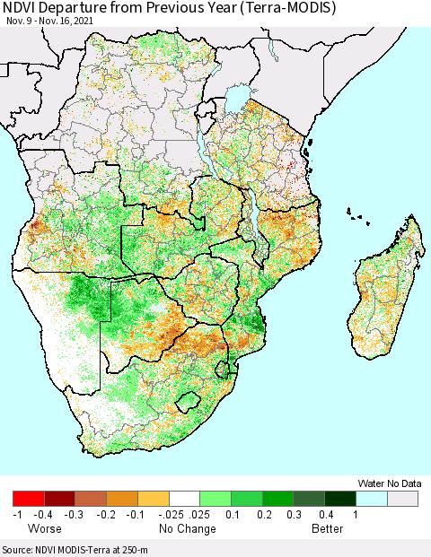 Southern Africa NDVI Departure from Previous Year (Terra-MODIS) Thematic Map For 11/9/2021 - 11/16/2021
