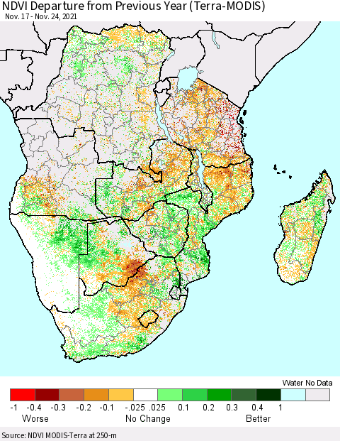 Southern Africa NDVI Departure from Previous Year (Terra-MODIS) Thematic Map For 11/17/2021 - 11/24/2021