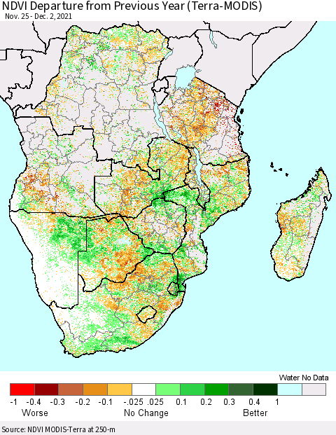 Southern Africa NDVI Departure from Previous Year (Terra-MODIS) Thematic Map For 11/25/2021 - 12/2/2021