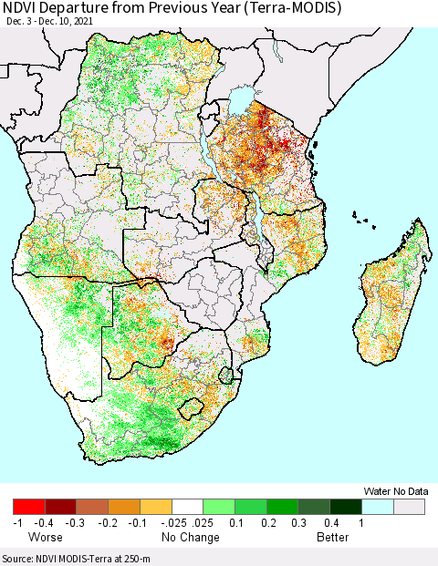 Southern Africa NDVI Departure from Previous Year (Terra-MODIS) Thematic Map For 12/3/2021 - 12/10/2021
