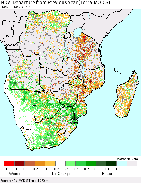 Southern Africa NDVI Departure from Previous Year (Terra-MODIS) Thematic Map For 12/11/2021 - 12/18/2021