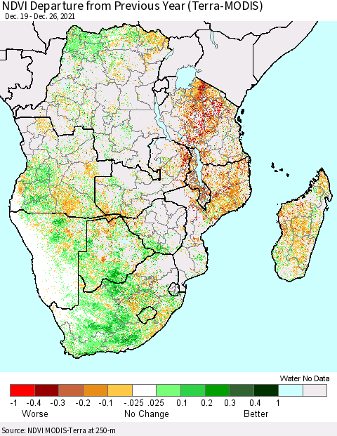 Southern Africa NDVI Departure from Previous Year (Terra-MODIS) Thematic Map For 12/19/2021 - 12/26/2021