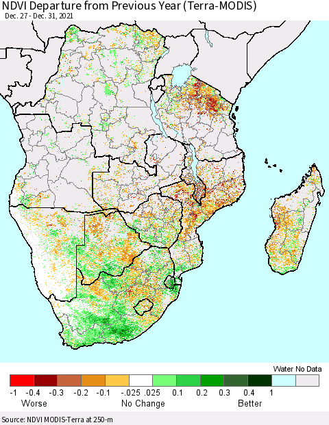 Southern Africa NDVI Departure from Previous Year (Terra-MODIS) Thematic Map For 12/26/2021 - 1/2/2022