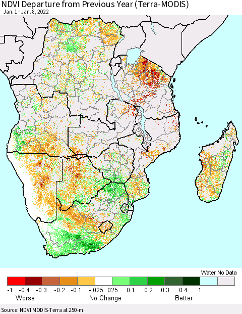 Southern Africa NDVI Departure from Previous Year (Terra-MODIS) Thematic Map For 1/1/2022 - 1/8/2022