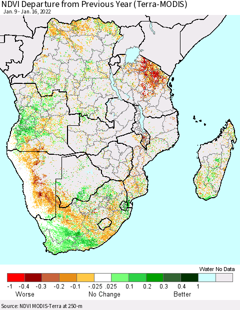 Southern Africa NDVI Departure from Previous Year (Terra-MODIS) Thematic Map For 1/9/2022 - 1/16/2022