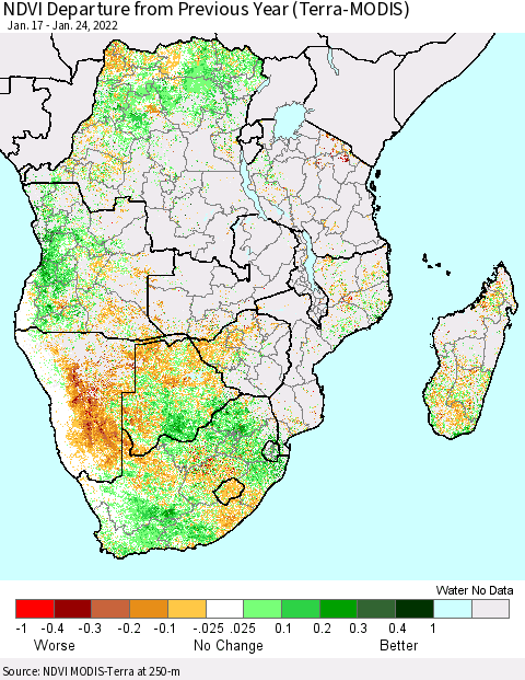 Southern Africa NDVI Departure from Previous Year (Terra-MODIS) Thematic Map For 1/17/2022 - 1/24/2022