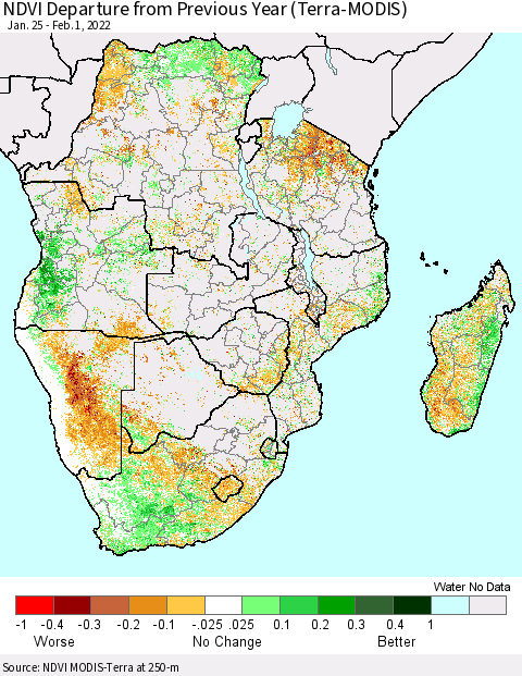 Southern Africa NDVI Departure from Previous Year (Terra-MODIS) Thematic Map For 1/25/2022 - 2/1/2022