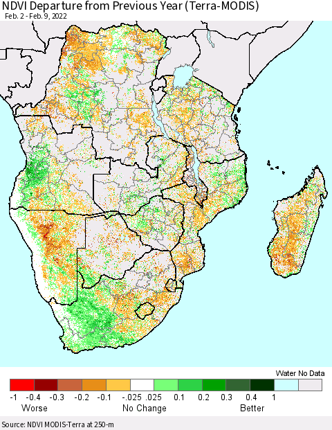 Southern Africa NDVI Departure from Previous Year (Terra-MODIS) Thematic Map For 2/2/2022 - 2/9/2022