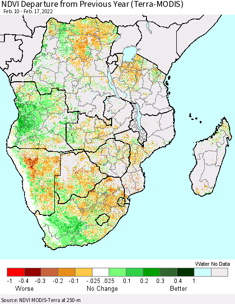 Southern Africa NDVI Departure from Previous Year (Terra-MODIS) Thematic Map For 2/10/2022 - 2/17/2022