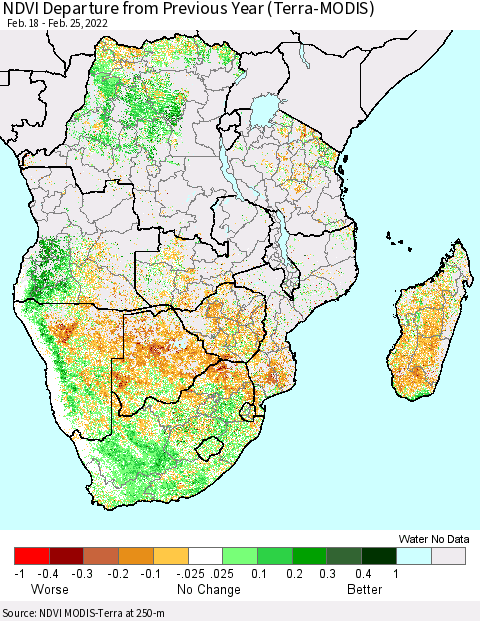 Southern Africa NDVI Departure from Previous Year (Terra-MODIS) Thematic Map For 2/18/2022 - 2/25/2022