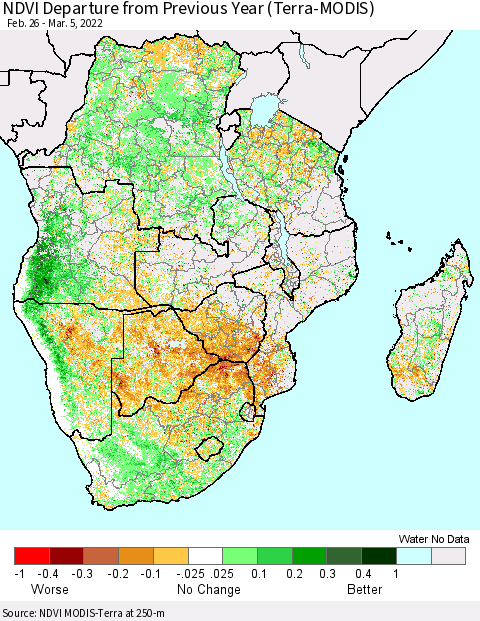 Southern Africa NDVI Departure from Previous Year (Terra-MODIS) Thematic Map For 2/26/2022 - 3/5/2022