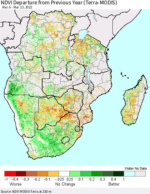 Southern Africa NDVI Departure from Previous Year (Terra-MODIS) Thematic Map For 3/6/2022 - 3/13/2022