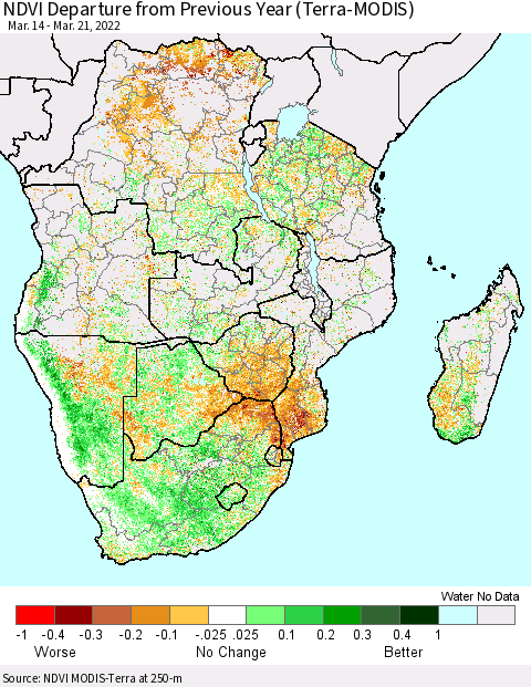 Southern Africa NDVI Departure from Previous Year (Terra-MODIS) Thematic Map For 3/14/2022 - 3/21/2022