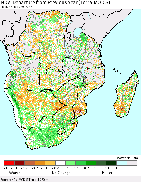Southern Africa NDVI Departure from Previous Year (Terra-MODIS) Thematic Map For 3/22/2022 - 3/29/2022