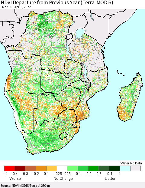 Southern Africa NDVI Departure from Previous Year (Terra-MODIS) Thematic Map For 3/30/2022 - 4/6/2022