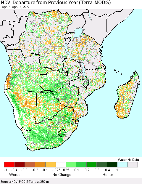Southern Africa NDVI Departure from Previous Year (Terra-MODIS) Thematic Map For 4/7/2022 - 4/14/2022
