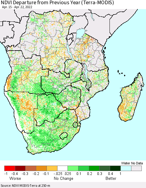 Southern Africa NDVI Departure from Previous Year (Terra-MODIS) Thematic Map For 4/15/2022 - 4/22/2022