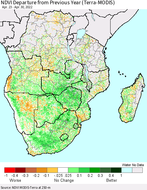 Southern Africa NDVI Departure from Previous Year (Terra-MODIS) Thematic Map For 4/23/2022 - 4/30/2022